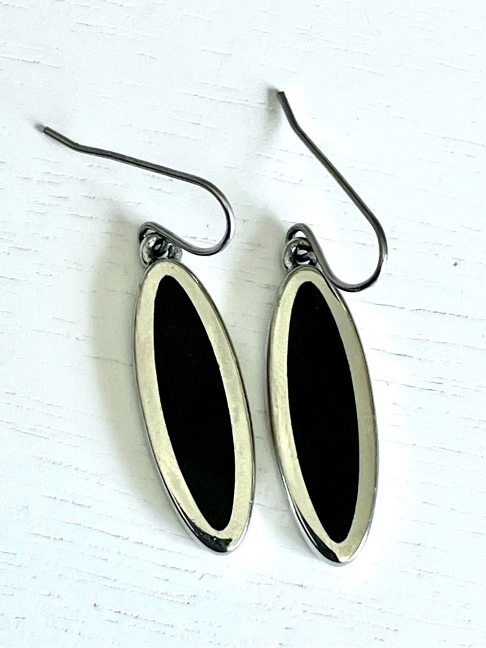 Monet Vintage Black Enamel Inlay Marquise Silver Tone Drop Earrings Minimalist